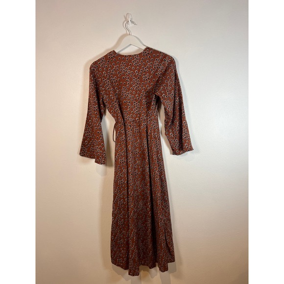 Outerknown Rhiannon Brown Floral Midi Wrap Dress Sz. XS Silk Hemp Relaxed Fit - Picture 9 of 12